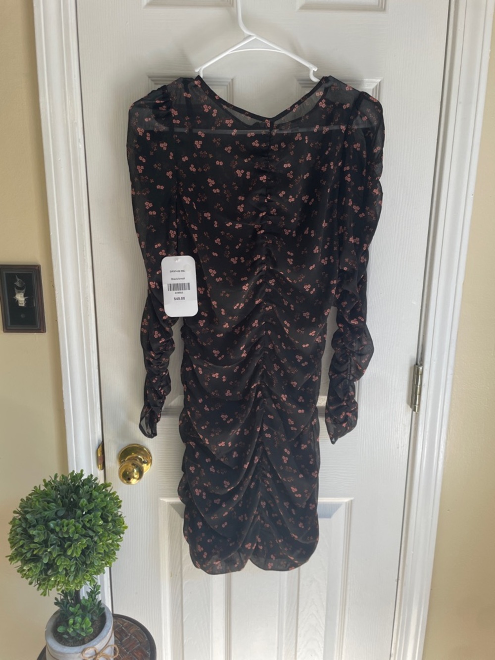 Black Floral Ruched Coquette Cottagecore Long-Sleeve Midi Dress